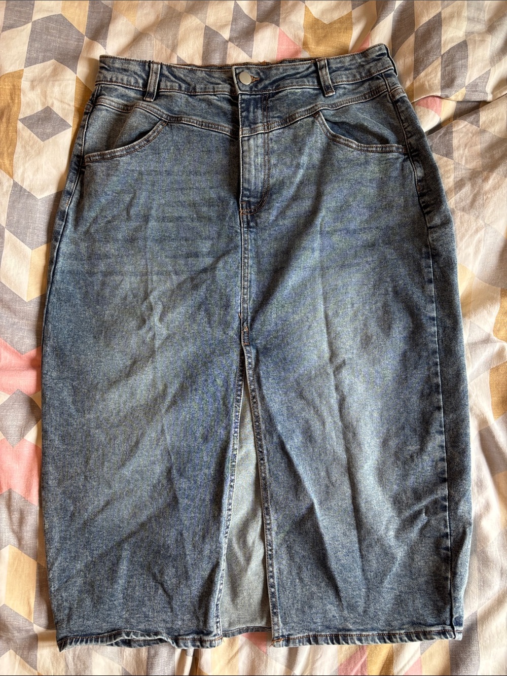 High-Rise Denim Pencil Skirt — Washed Blue